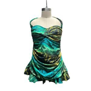 Avenue Halter Tankini w/ Bottoms Green Teal Tropical Ruched Gathered Fit SZ 14
